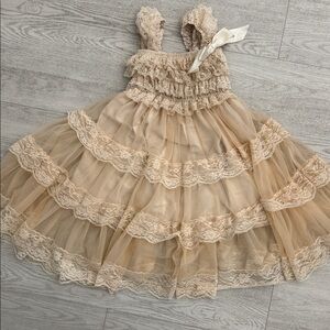 Cream Lace Tiered Tulle Girls Formal Dress with Satin Bow